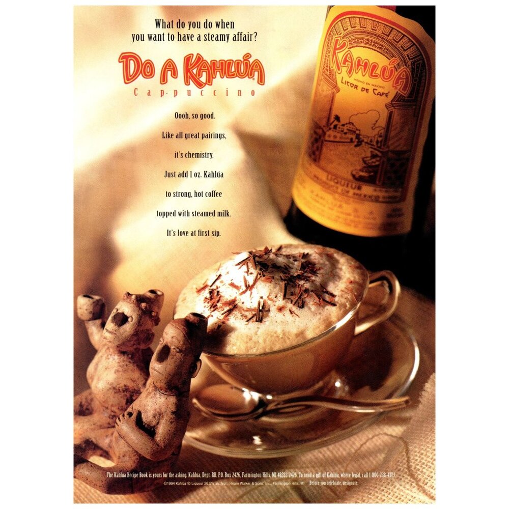 1994 Kahlua Coffee Licqueur Vintage Print Ad Steamy Affair Cup Statues Wall Art